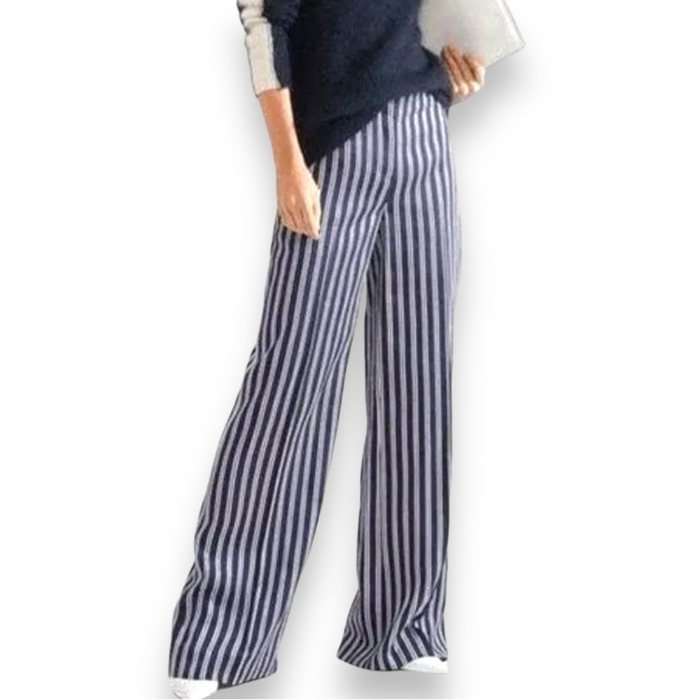Diane Von Furstenberg DVF Blue Striped Twill Wide-leg Pants Trousers Size 2